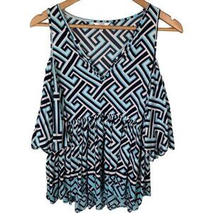 Crown & Ivy XS Boho Cold Shoulder Blue Geometric Blouse